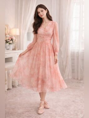 Romantic Silk Midi Dress Long Sleeve For Vacation M NWT 100% silk MSRP $399